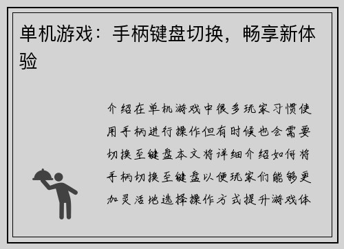 单机游戏：手柄键盘切换，畅享新体验