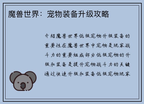 魔兽世界：宠物装备升级攻略